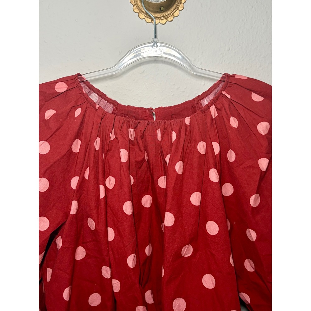Maeve Anthropologie Small Red Pink Polka Dot Balloon Sleeve Blouse - Picture 3 of 5